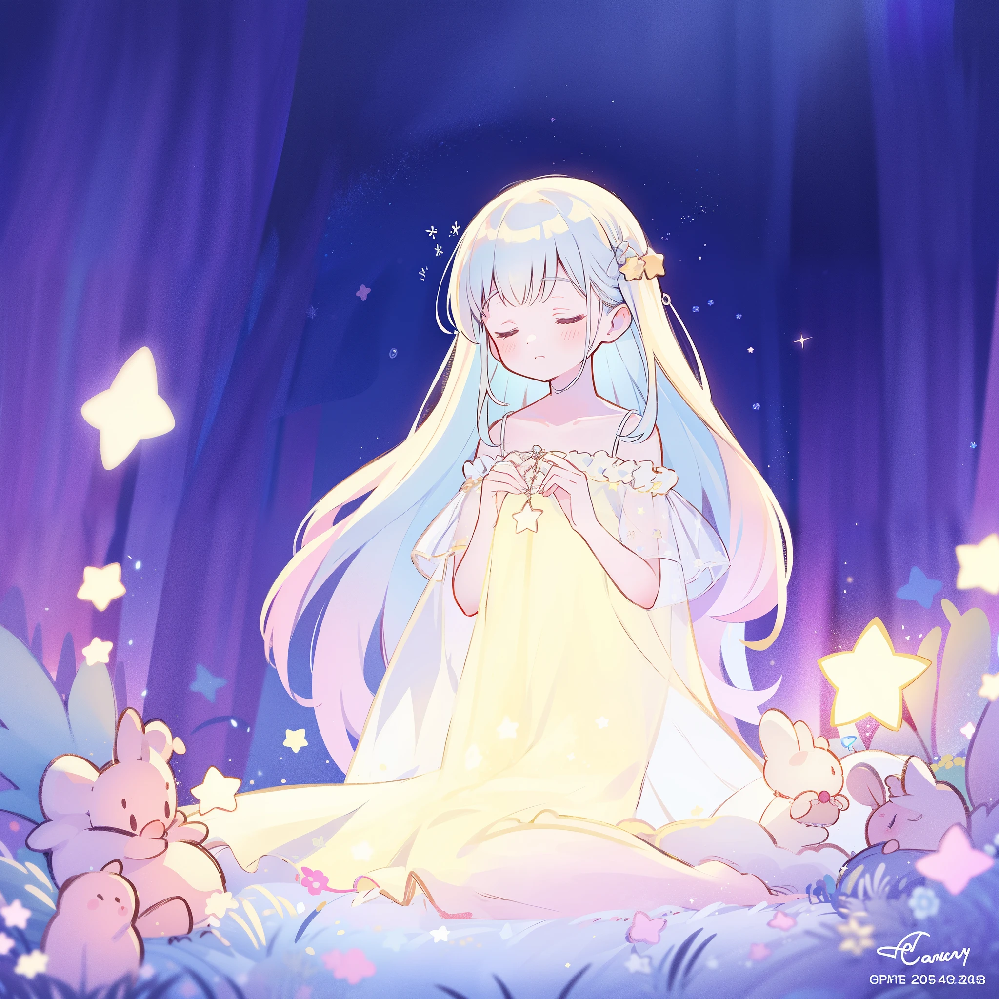 complex background, wishing star background, a woman wearing an ethereal mystical pink translucent dress that reflects the stars, dreamy, peaceful, serene composition, glowing stars, glowing, perfume promo art, mystic, complex drawing, highly detailed, Covergirl brand, promo art, artistic rendition, ethereal, starry night, midjourney style