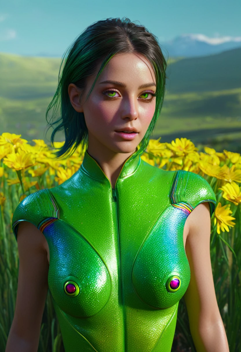 A woman grasshopper(age 25),green body with bright colored wings,rainbow chromatic compound eyes,hard chitinous plates,minimal clothing,admiring flowers,UFO nearby,sunny landscape,detailed face,detailed eyes,detailed lips,beautiful detailed features,highly detailed,realistic,photorealistic,4k,8k,highres,masterpiece,ultra-detailed,vivid colors,studio lighting,sharp focus,physically-based rendering (Safe for work)