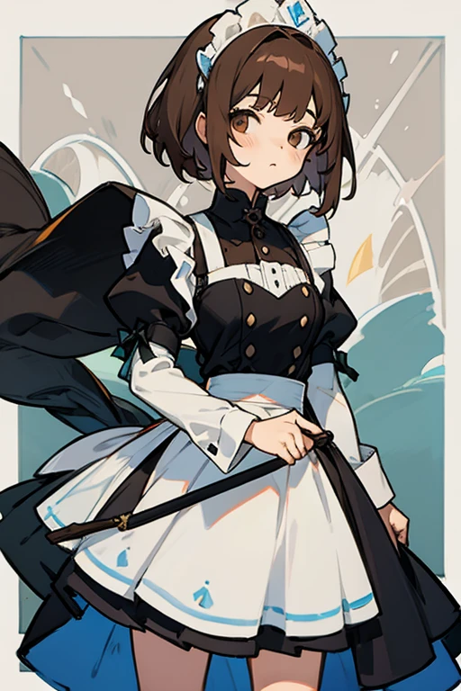 Mujer joven, semi short brown hair , traje de Maid, sonrojada