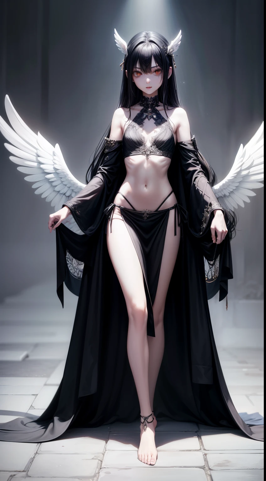 ((best quality)), ((masterpiece)), (detailed), perfect face, Character design, female, long black hair, wearing a black angelic dress with silver details, white eyes, small frame, very skinny, detailed, best quality, no accesoires around the neck, no shoes, prominent collarbones, skinny arms, flat stomach, visible hip bones, full body, fangs, pale skin, angelic, small waist, assassin, bloody scene, holding a katana