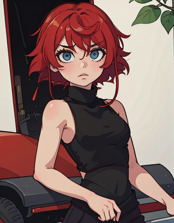 a girl, with short curly hair, red hair, white hair, who wears a black turtleneck tank top