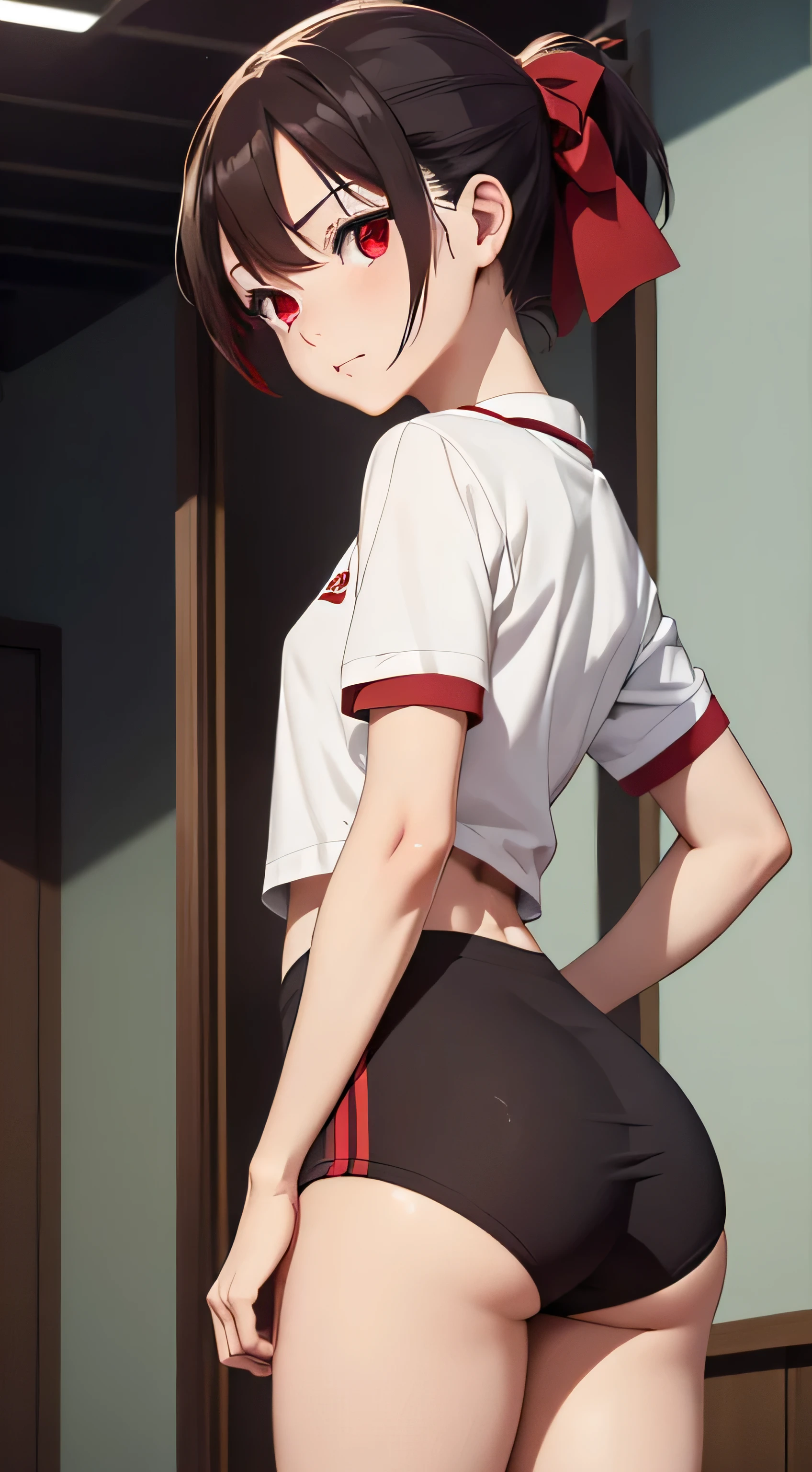 Kaguyasinomiya, Kaguya Shinomiya, folded ponytail, forehead, hair ribbon, (red eyes:1.5), red ribbon, band, Short hair, side locks, (little chest:1.2), gym uniform, Short top, legging, BREAK looks at the viewer, stands with your back to the viewer, seen from behind, ass, big ass, shows the, BREAKTHROUGH in the room, Classroom, BREAK (Masterpiece:1.2), Best Quality, High Resolution, Unity 8k Wallpaper, (illustartion:0.8), (beautiful detail eyes:1.6), extremely detailed face, perfect lighting, extremely detailed CGI, (perfect arms, perfect anatomy),
