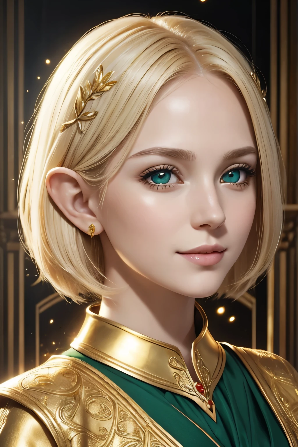 ((High quality)), face detailed, symmetrical face, realistic character, beautiful young lady, music power, magic gold particles, gold short hair, blond, pale skin, innocent face, happy expression, green eyes, elven, perfil pose, royal clothes.