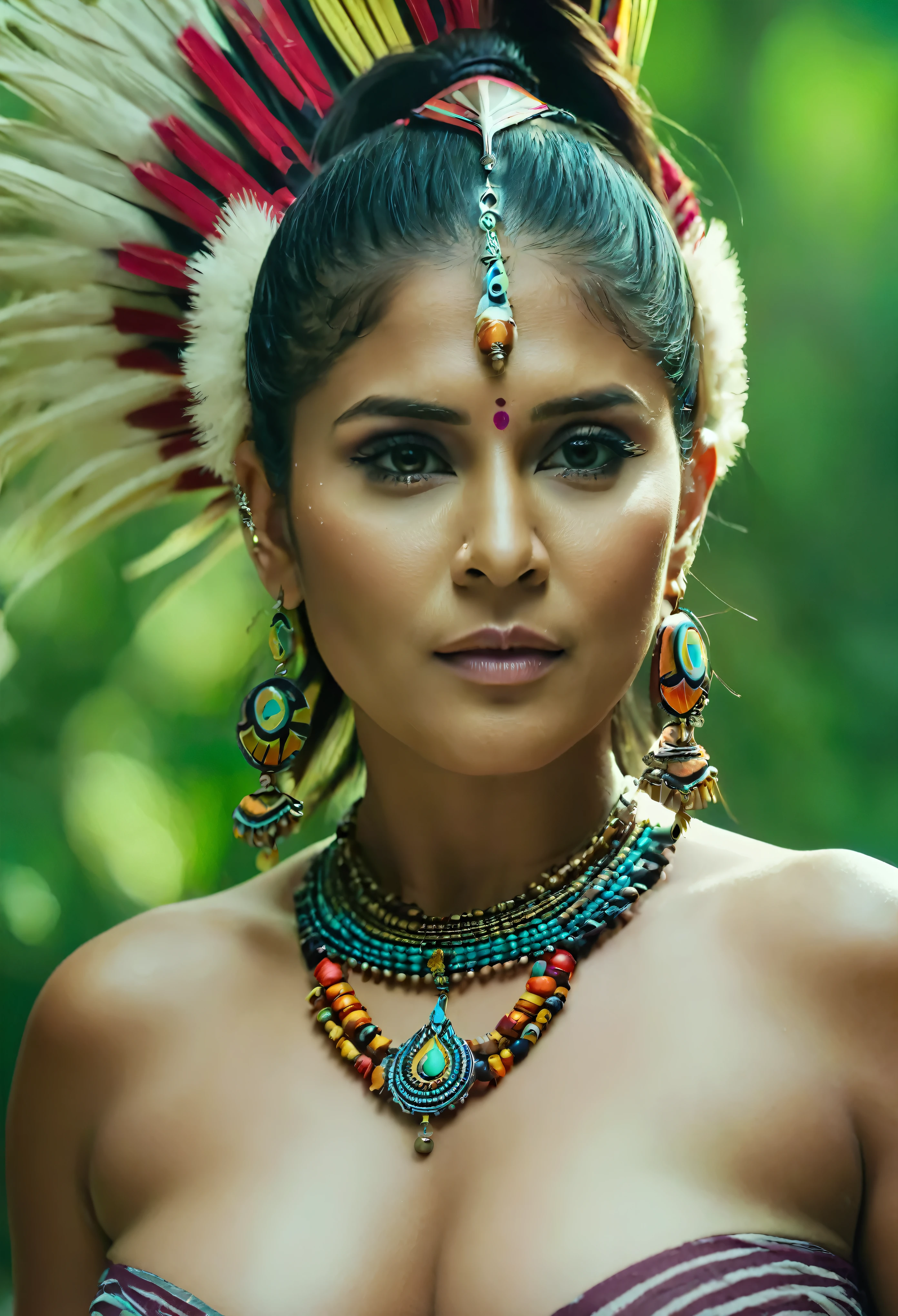 Foto RAW, skin glistening by sweat, looks like Nayanthara, thick figure, curvy, milf, 50 years old Woman, tattoo in the middle of her breast, with realistic Indian headdress , tribal girl, stunning looks, tribal headdress, tattoos, colourful tribal tattoos, tribal white girl, Polynesian tribe, best quality , best cinematic colour grading, detailed lighting,  high resolution  , (pele altamente detalhada: 1.2), 8k UHD, DSLR, soft-lighting, alta qualidade, grain of film, Fujifilm XT3, highly detailed armpits, armpits hair,  fully naked, nipples covered by hai, skin pores, skin texture, high quality skin, 