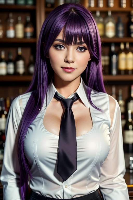 1girl, solo, bangs, blush, hand on own chest, jill stingray, long sleeves, looking at viewer, purple hair, large breasts, necktie, shirt, solo, upper body, vest, bartender, vest, white shirt,