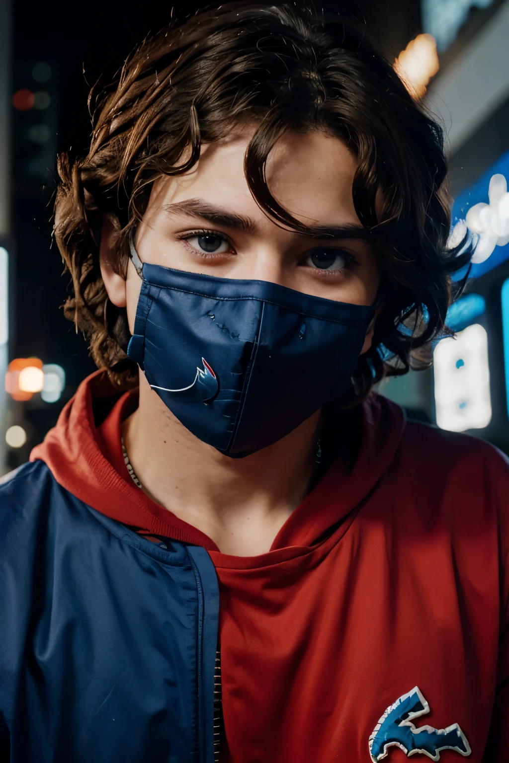 Anime male character with curly brown hair with sky blue eyes held Lacoste tn cyberpunk kitsune mask
