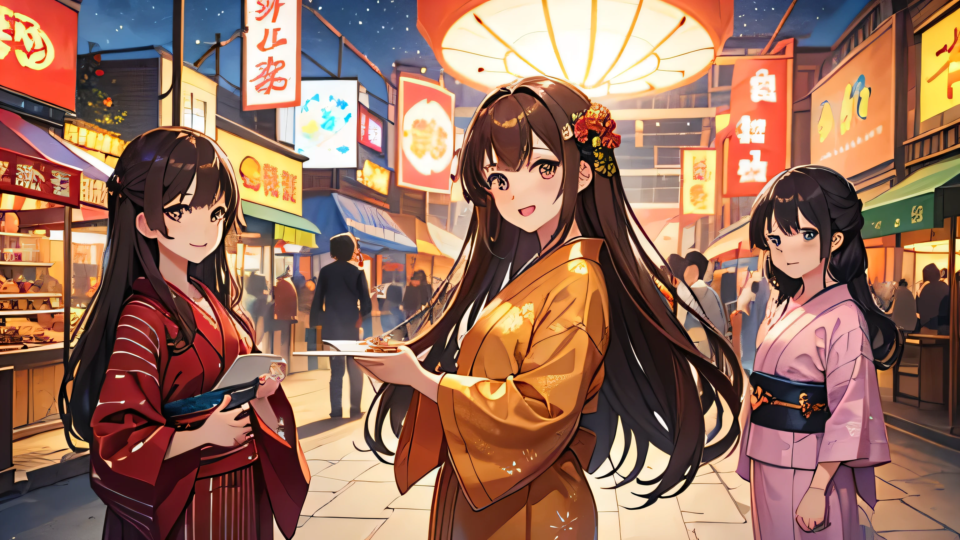masterpiece, highest quality, High resolution,Anime Style、Brown Hair、Long Hair、yukata、firework、fair
