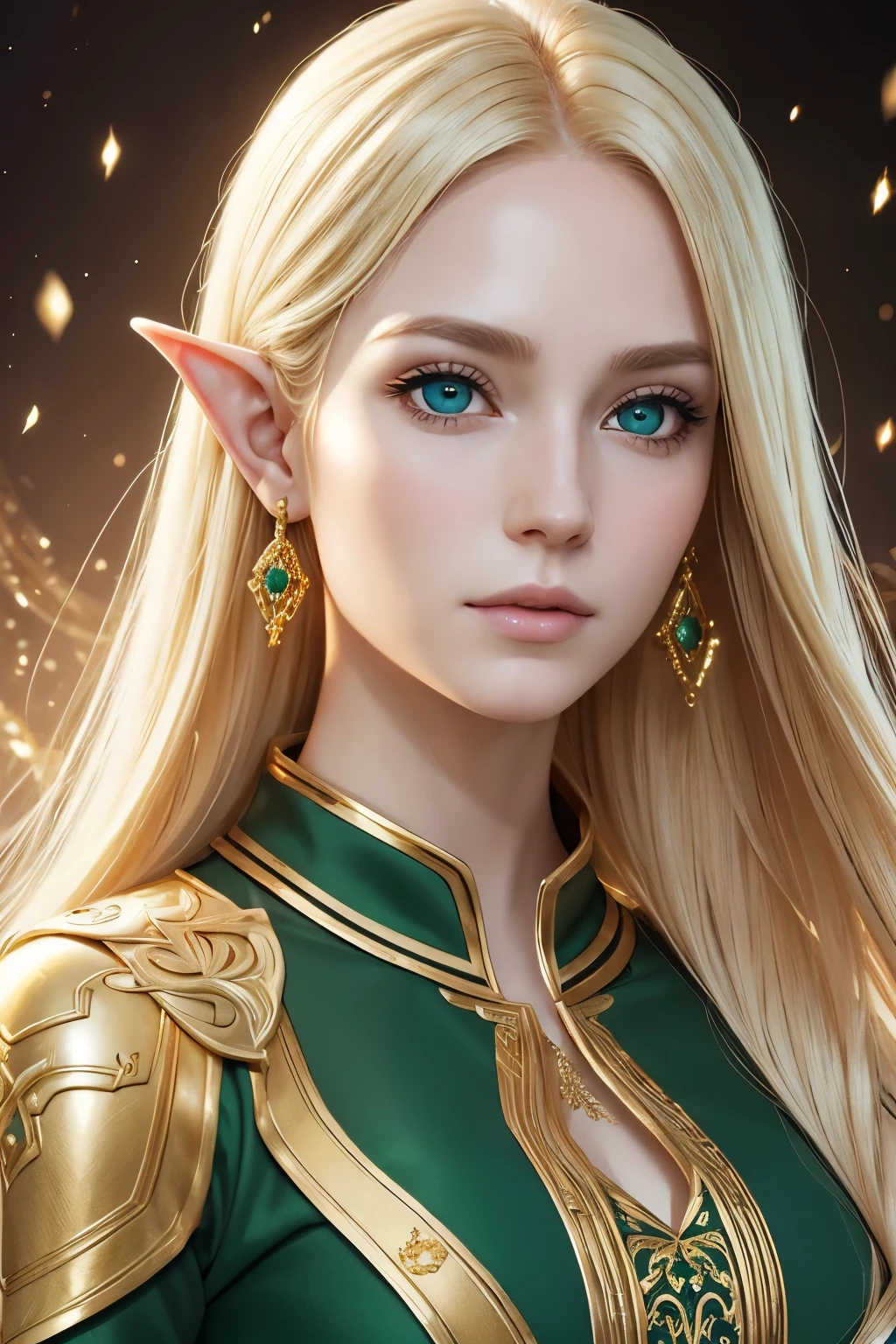 ((High quality)), face detailed, symmetrical face, realistic character, beautiful lady, music power, magic gold particles, gold midle hair, blond, pale skin, calm expression, green eyes, elven, perfil pose, royal clothes.