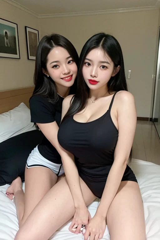 full body, top-quality, masterpiece, 1 black man and 2 korean girls, ugly black man and 22 years old bightly smile red lip korean two girls sitting on the bed, big breasts, girl wearing dolphin shorts, (black man wearing balck shirt), in the hotelroom, correct hands, two girls hugging black man, black man sitting between two girls,
