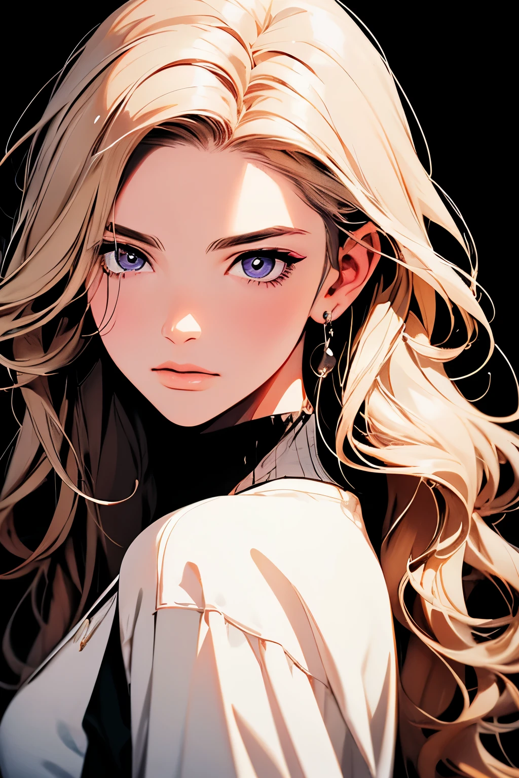 2d illustration, anime, a painting portrait in fine arts, in manhwa style, Bishamon from noragami, 1girl, blond long hair, big hair, curly hair, {{purple eyes}}, makeup, beautiful, high definition, masterpiece, best quality, high detail, high detailed eyes, grain filter, Detailed lips, high resolution, ultra-detalhado, retrato, mulher caucasiana, realista proportions, Anatomicamente preciso, bochechas rosadas; dark lighting, alta qualidade, premiado, high resolution, 8k,, summer, lascivo, film grain, Ilford HP5, 80mm, strong soman, confident, black clothes, (Obra de arte:1.2), melhor qualidade, pixiv, Garota legal, glorioso, cabelo loiro, rua, Short curto, peito grande, shiny earnings