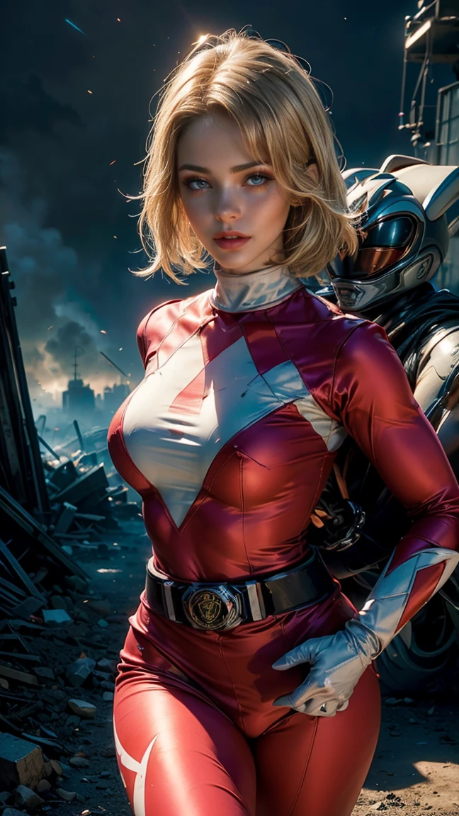desde arriba, Una imagen Hyperrealista, ((Sexy power ranger, short blonde hair, beautiful eyes, pale body, neckline, dynamic view, without helmet, running into the battle with aliens, animal zorg on his back. light energy particles, power ranger sensual suit. zorg at the background, raytraced, viento, paisaje de ciudad futurista, (aesthetics and atmosphere:1.2), poder, ranger, valentia, ojos verdes, medio cuerpo. (foto cruda, mejor calidad), (realista, photo-realista:1.3), Obra maestra, un extremadamente perfecto y hermoso cuerpo, labios sexys rojos, cuerpo palido extremadamente detallado, Best quality score, ultra dynamic view, close up, high view, power rangers atmosphere. blonde hair