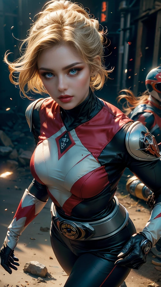 desde arriba, Una imagen Hyperrealista, ((Sexy power ranger, short blonde hair, beautiful eyes, pale body, neckline, dynamic view, without helmet, running into the battle with aliens, animal zorg on his back. light energy particles, power ranger sensual suit. zorg at the background, raytraced, viento, paisaje de ciudad futurista, (aesthetics and atmosphere:1.2), poder, ranger, valentia, ojos verdes, medio cuerpo. (foto cruda, mejor calidad), (realista, photo-realista:1.3), Obra maestra, un extremadamente perfecto y hermoso cuerpo, labios sexys rojos, cuerpo palido extremadamente detallado, Best quality score, ultra dynamic view, close up, high view, power rangers atmosphere. blonde hair