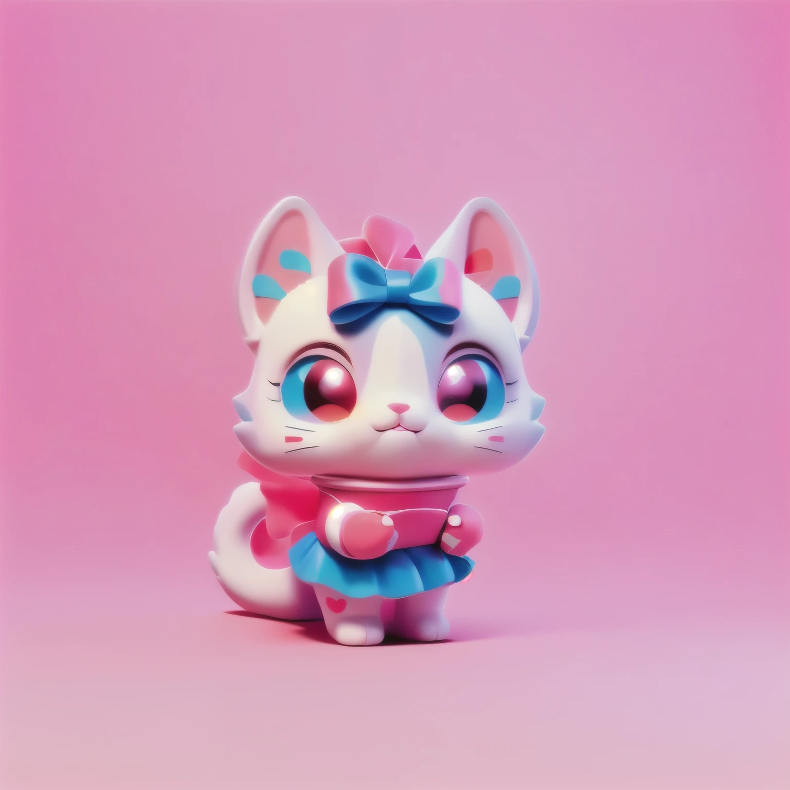 There is a cartoon cat with a pink bow on its head, circus colors,Red, white and blue color scheme,Gorgeous colors,dream, 3D Little Shop animal, 3D Little Shop, Cute 3d rendering, Cute numbers, Lovely and detailed digital art, Cute toys, fully movable, As a full body funko pop!, as funko pop!