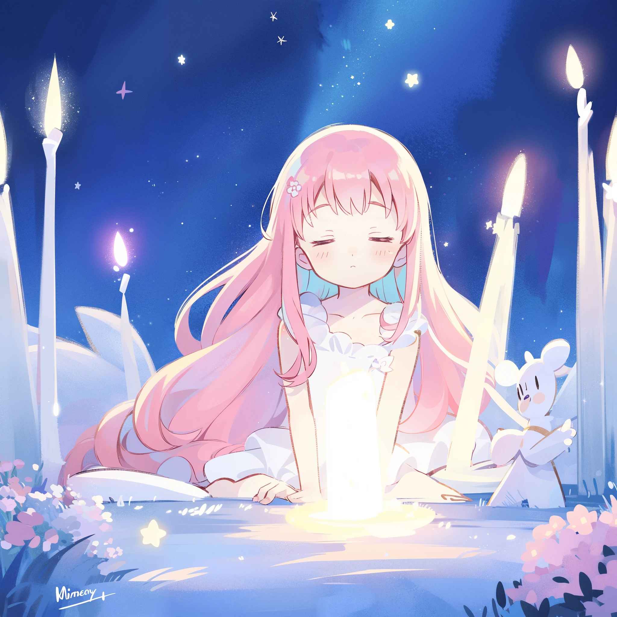 complex background, wishing star background, a woman wearing an ethereal mystical pink translucent dress that reflects the stars, dreamy, peaceful, serene composition, glowing stars, glowing, perfume promo art, mystic, complex drawing, highly detailed, Covergirl brand, promo art, artistic rendition, ethereal, starry night, midjourney style