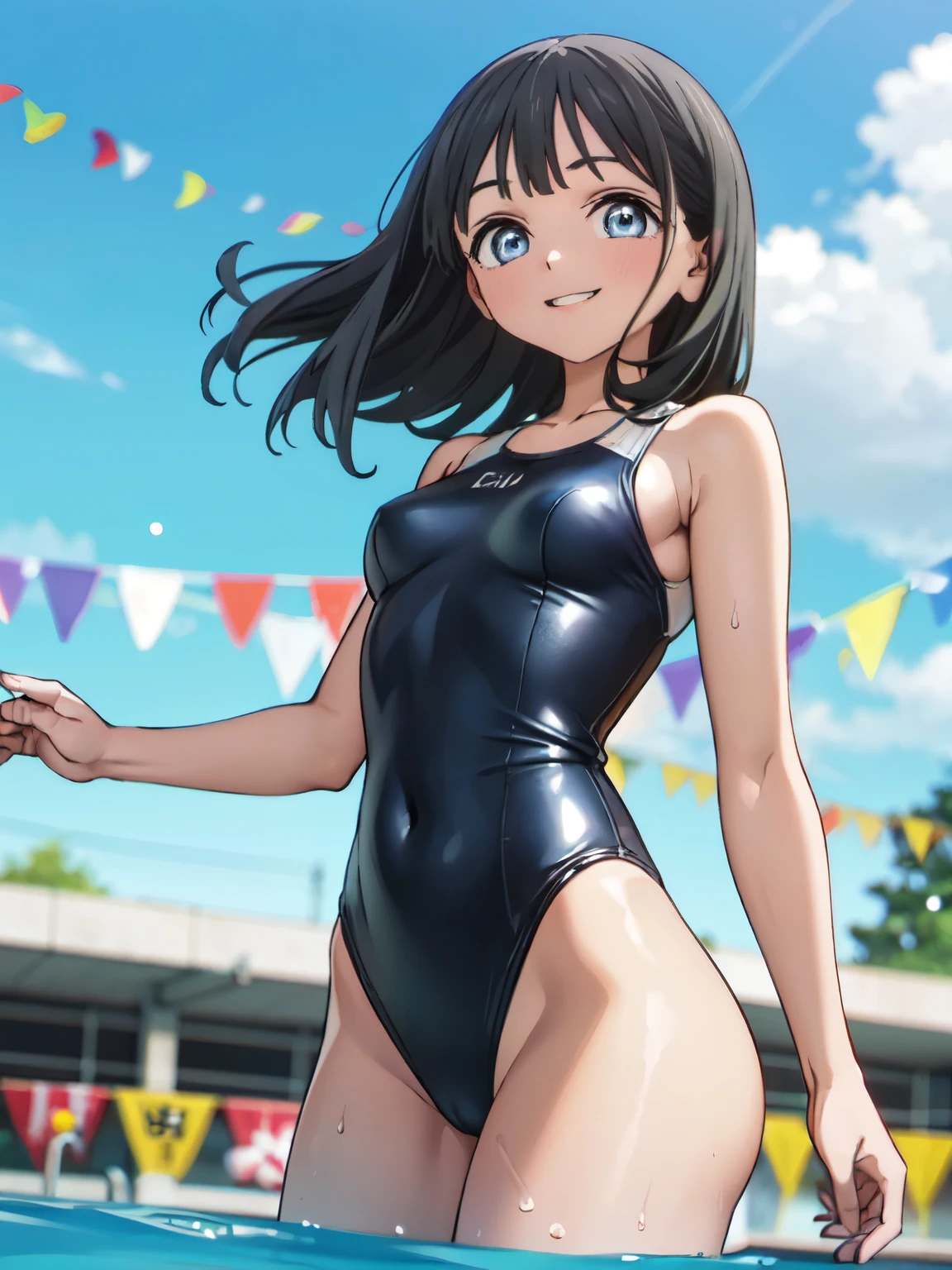very cute and beautiful girl, (beautiful face and very detailed eyes), (1 piece latex swimsuit),
standing, at the edge of the swimming pool, small colorful flowers on the meadows,
(smile), looking at viewer, black hair, cowboy photo,
(best quality,masterpiece:1.0),absurd,high resolution,ultra-detailed,extremely detailed,32k,
cinematic scene,detailed background,single player,dynamic angle,
hair fluttering in the wind, beautiful detailed sky, akebi komichi