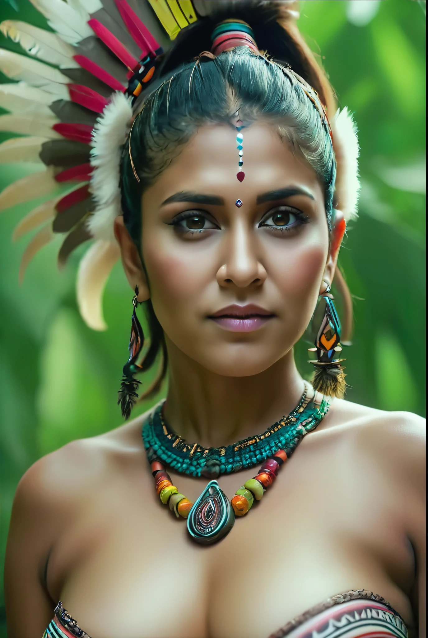 Foto RAW, skin glistening by sweat, looks like Nayanthara, thick figure, curvy, milf, 50 years old Woman, tattoo in the middle of her breast, with realistic Indian headdress , tribal girl, stunning looks, tribal headdress, tattoos, colourful tribal tattoos, tribal white girl, Polynesian tribe, best quality , best cinematic colour grading, detailed lighting,  high resolution  , (pele altamente detalhada: 1.2), 8k UHD, DSLR, soft-lighting, alta qualidade, grain of film, Fujifilm XT3, highly detailed armpits, armpits hair,  fully naked, nipples covered by hai, skin pores, skin texture, high quality skin, 