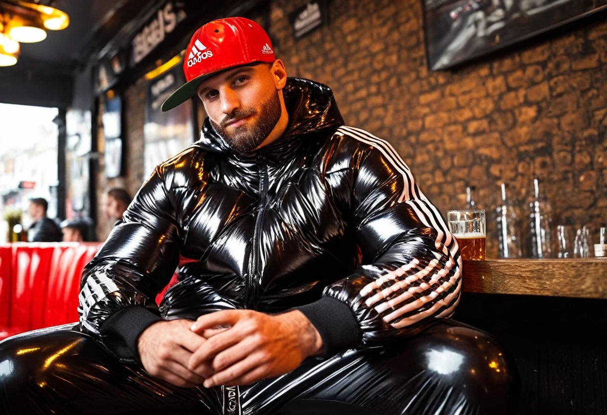 Graffiti urban style, portrait of medium body of two:chav guys handsome 30 year old Chavs,muscular and athletic,having a beer inside a bar in London, more scally men in the background, with beard, full red leather cap "adidas" in black shiny latex tracksuit++, ((low angle)), legs apart, dynamic pose, wearing a super inflated huge shiny black puffer jacket "Adidas",Extremely Realistic,depth of field:1.4, bulge, adidas tracksuit, detailed hand+, detailed hands+, perfect hand+, perfect hands+, masterpiece face+, masterpiece hands++, detaled hands, perfect hand, perfect body, perfect bulge, realistic, ultra textured skin, ultra textured cloth+, super ultra textured materials+, small details corrected, highly textured skin+, textured clothing+, perfect hands+, hands without fused fingers+