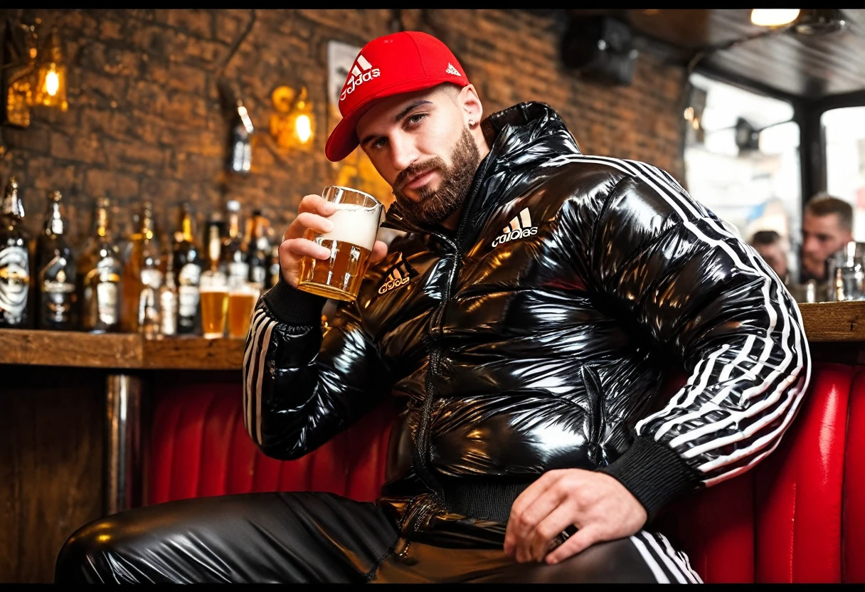 Graffiti urban style, portrait of medium body of two:chav guys handsome 30 year old Chavs,muscular and athletic,having a beer inside a bar in London, more scally men in the background, with beard, full red leather cap "adidas" in black shiny latex tracksuit++, ((low angle)), legs apart, dynamic pose, wearing a super inflated huge shiny black er jacket "Adidas",Extremely Realistic,depth of field:1.4, bulge, adidas tracksuit, detailed hand+, detailed hands+, perfect hand+, perfect hands+, masterpiece face+, masterpiece hands++, detaled hands, perfect hand, perfect body, perfect bulge, realistic, ultra textured skin, ultra textured cloth+, super ultra textured materials+, small details corrected, highly textured skin+, textured clothing+, perfect hands+, hands without fused fingers+
