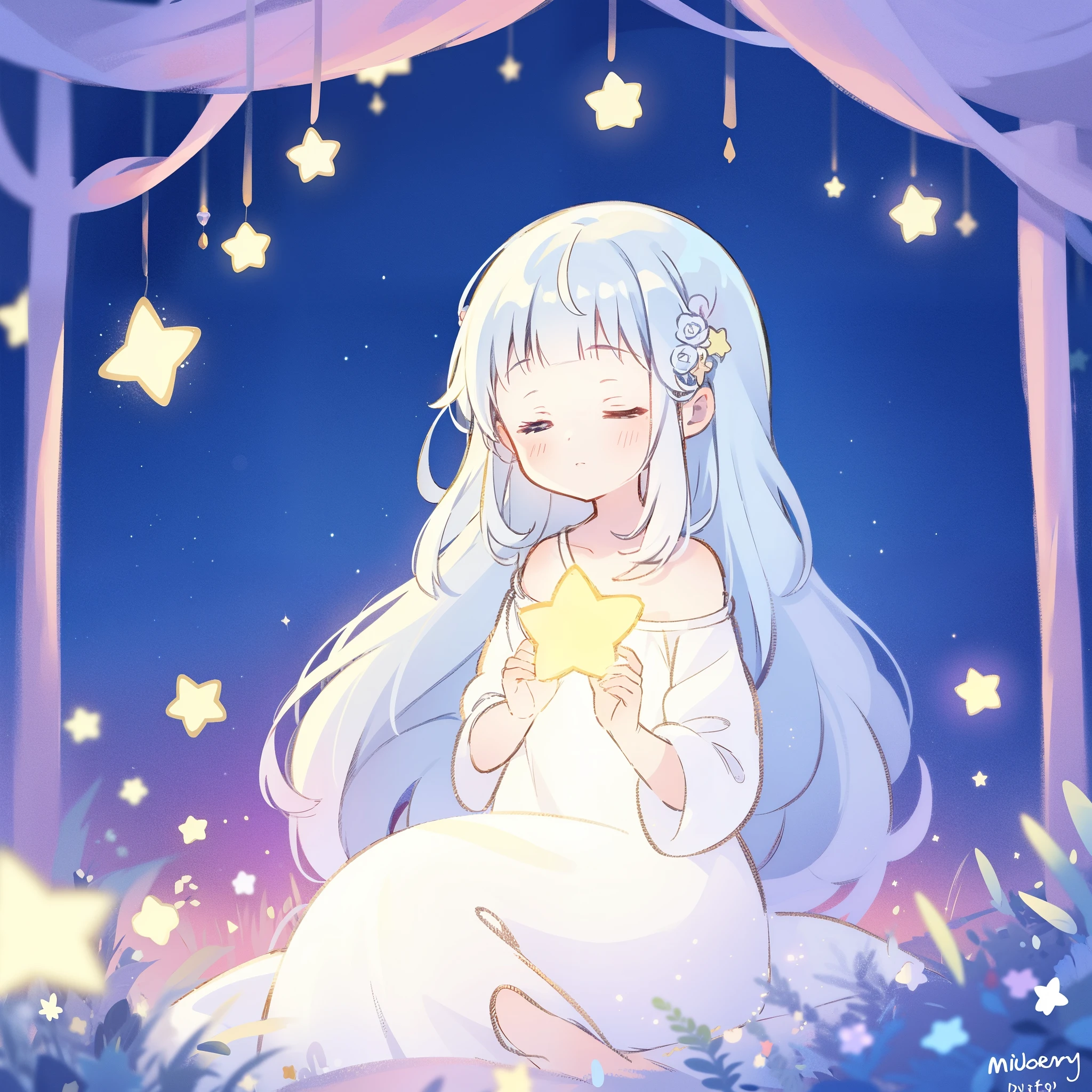 complex background, wishing star background, a girl wearing a white translucent dress that reflects the stars, long pale white purple hair, dreamy, magical star garden, peaceful, serene composition, glowing stars, glowing, mystic, complex drawing, highly detailed, ethereal, starry night, midjourney style