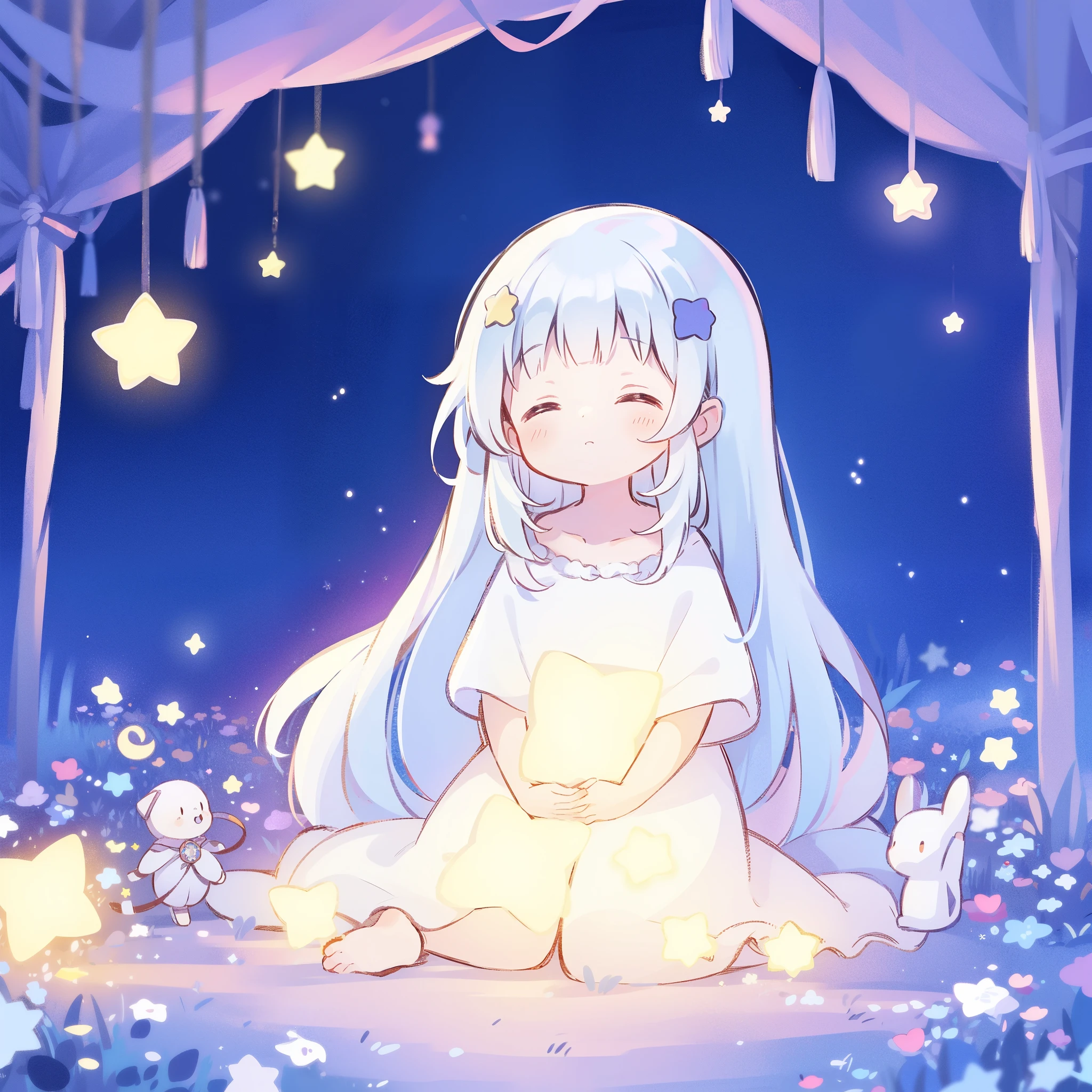 complex background, wishing star background, a girl wearing a white translucent dress that reflects the stars, long pale white purple hair, dreamy, magical star garden, peaceful, serene composition, glowing stars, glowing, mystic, complex drawing, highly detailed, ethereal, starry night, midjourney style