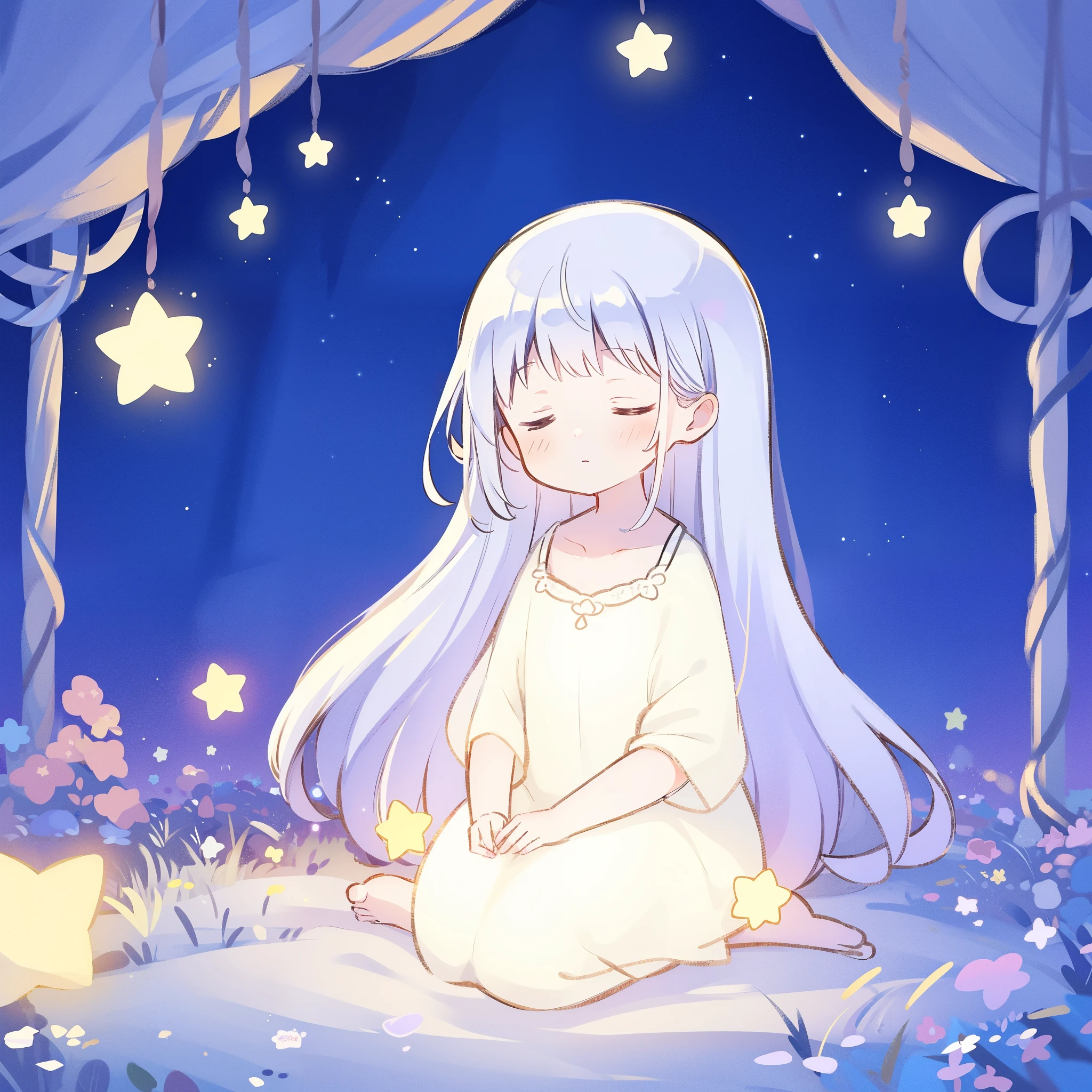 complex background, wishing star background, a girl wearing a white translucent dress that reflects the stars, long pale white purple hair, dreamy, magical star garden, peaceful, serene composition, glowing stars, glowing, mystic, complex drawing, highly detailed, ethereal, starry night, midjourney style