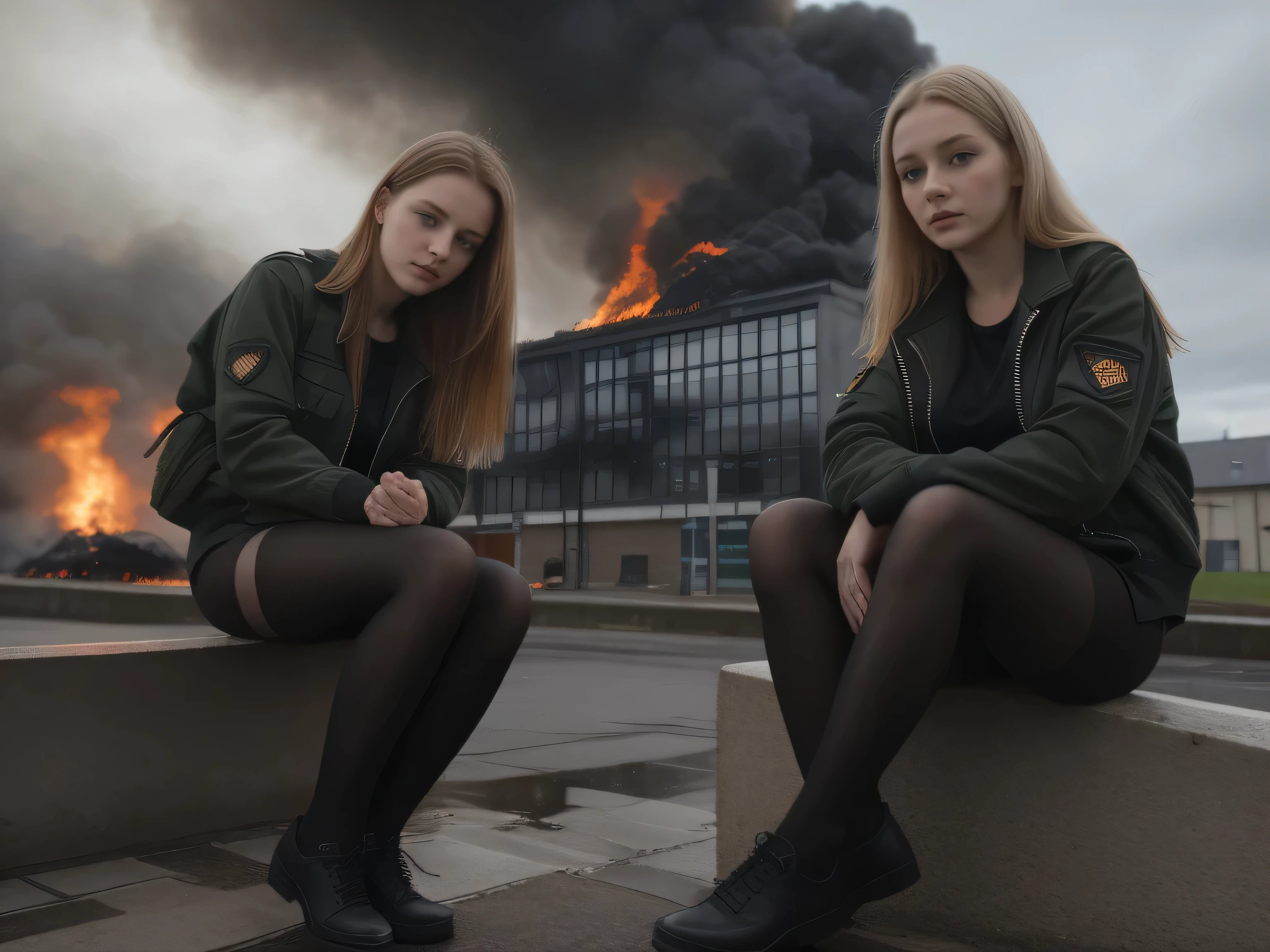 (((close up high definition))), two very beautiful school age pale Slovakian girls, staring at the viewer, burning buildings, smoke, wearing bikini bottom, black t-shirt, sitting at a bus station in Scotland, raining, wearing army jackets, pantyhose, cloudy skies, burning buildings,