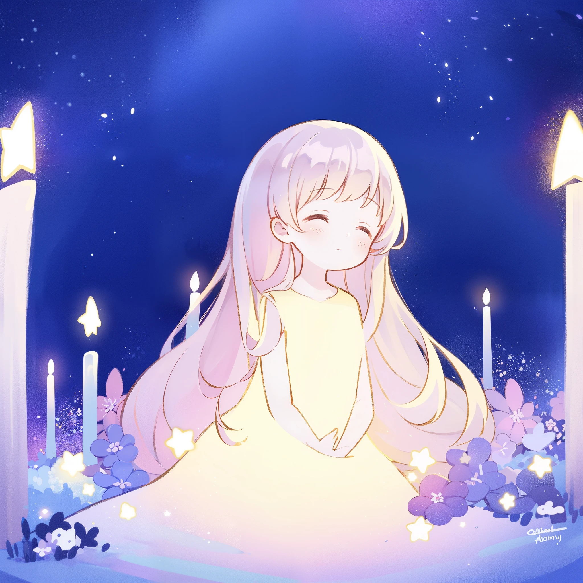 complex background, wishing star background, a woman wearing an ethereal dress that reflects the stars, pale purples and blues, ((glowing stars)), dreamy, peaceful, serene composition, glowing stars, glowing, complex drawing, highly detailed, ethereal, starry night, midjourney style