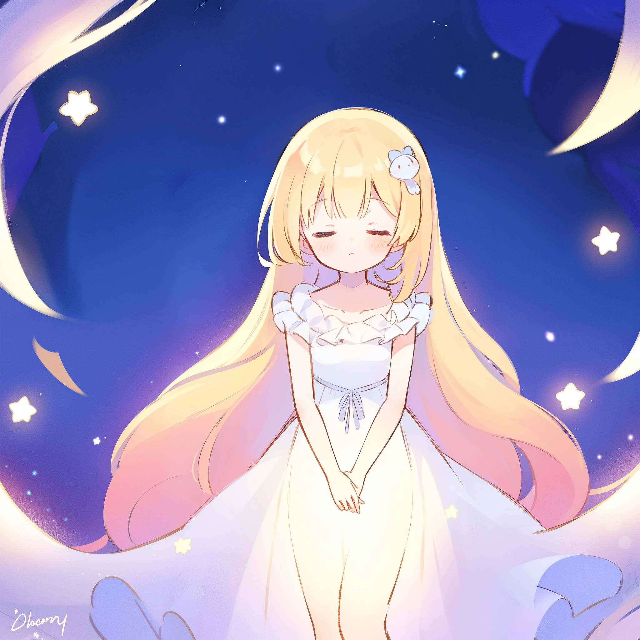 complex background, wishing star background, a woman wearing an ethereal dress that reflects the stars, pale purples and blues, ((glowing stars)), dreamy, peaceful, serene composition, glowing stars, glowing, complex drawing, highly detailed, ethereal, starry night, midjourney style