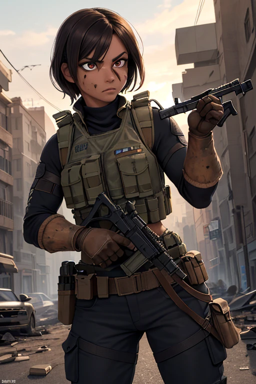 8K, RAW, best quality, masterpiece, ultra high res, colorful, extremely detailed eyes and face, beautiful detailed eyes, 1girl, solo, (26 year old:1.3), (Filipino Woman:1.3), (tanned bronze skin:1.4), (short black hair:1.3), (Amber eyes:1.2), (Detailed face:0.97), (Detailed eyes:1.09), (tanned bronze skin:1.08), (agile physique:1.1), (Wearing: USA marine corps uniform, camouflage military uniform, bullet proof vest, pants, utility belt, armor and gloves), (Character Focus),Perfect ???????,(Professional Lighting), Located in the streets of a ruined city. The woman is a soldier. She's holding and firing a rifle. The woman's face is stained with cuts and blood. She's looking into the camera with a fierce and serious gaze. Debris, smoke, shattered glass and ruined cars are in the surroundings. This is a masterpiece that exudes exceptional quality. The illustration is ultra-detailed, Using HDR technology to create a sense of depth. Theme is original, gritty, and astonish artwork, bright colors,Full of modern warfare elements.