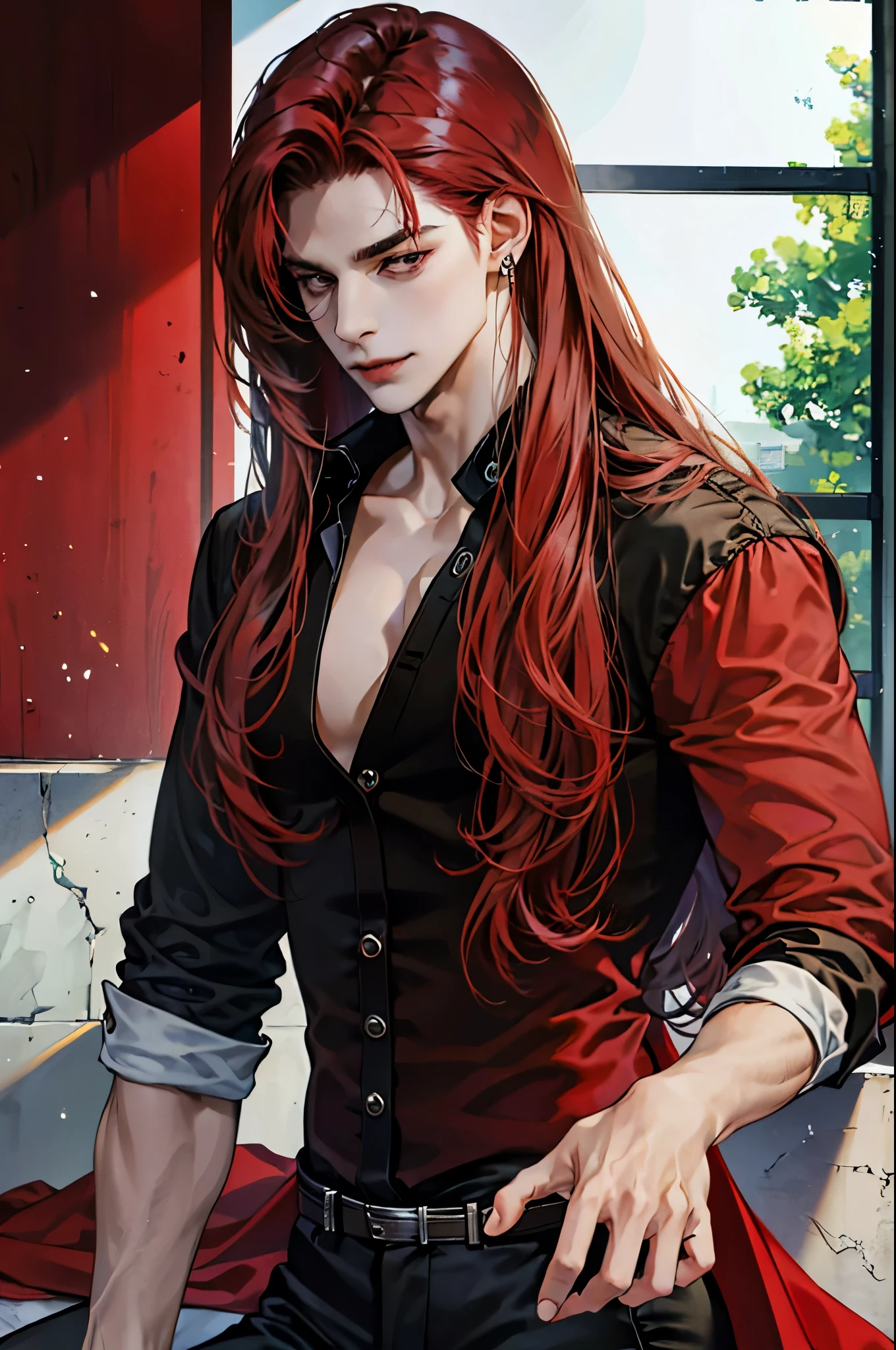 solo male, long hair, red hair, earring, black shirt, RED blazer, attractive, seductive, adult, handsome, elegant, big eyes, sultry eyes, slight smile, gentle, brown eyes, welcoming