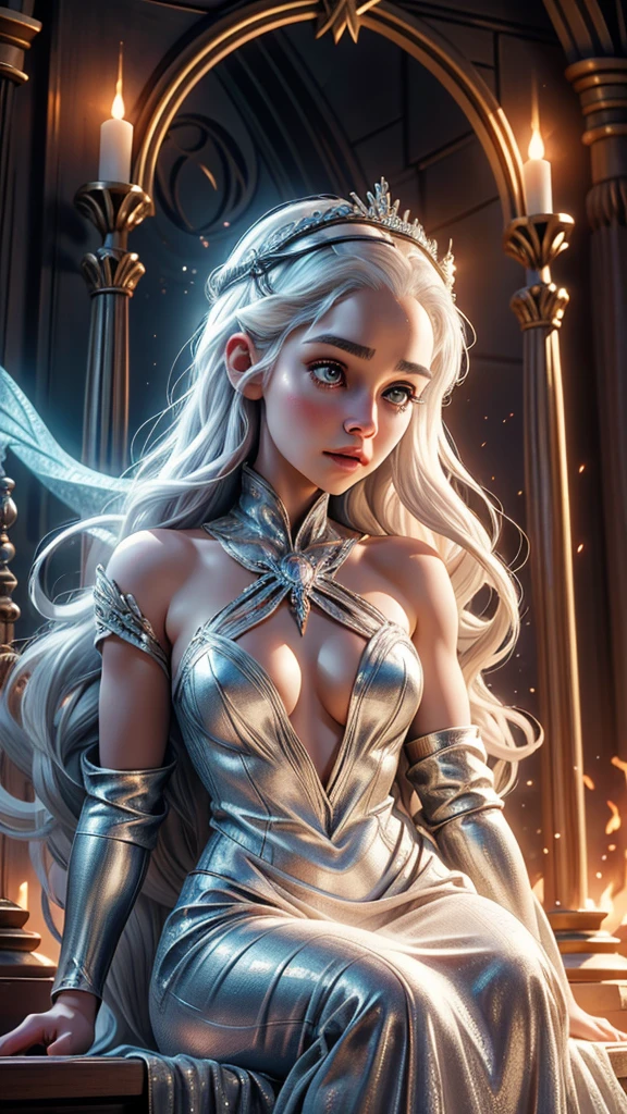 A woman in a silver dress stands in front of a fire, Daenerys, daenerys targaryen, Cinematic shot of the goddess's body, From the thrones, fantasy photoshoot, Cinematic Goddess Shot, Game of Thrones style, CGsociety inspired, Cinematic goddess close-up, queen of winter, ice queen, ice queen, Dragon Queen, inspired by Magali Villeneuve