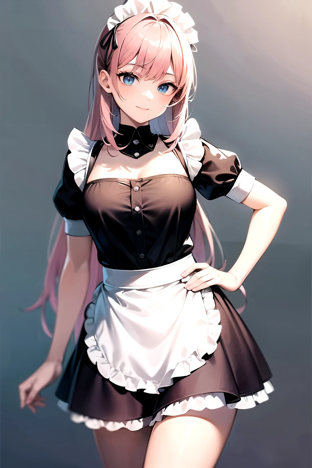 ((highest quality)), ((masterpiece)), (detailed), Perfect Face,long-haired pink color,Light blue short maid outfit,No background,