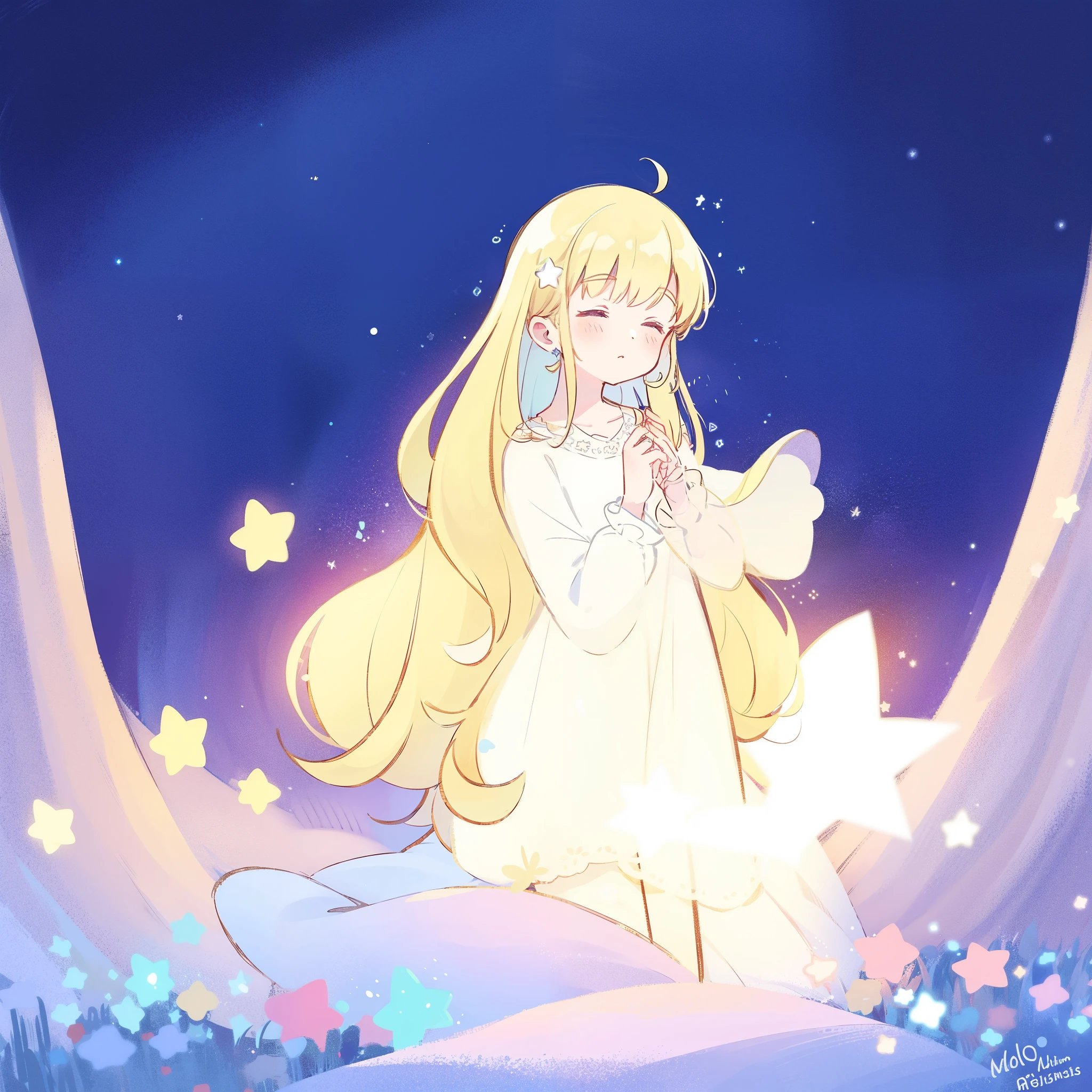 complex background, wishing star background, a woman wearing an ethereal translucent dress that reflects the stars, dreamy, peaceful, serene composition, glowing stars, glowing, mystic, complex drawing, highly detailed, ethereal, starry night, midjourney style