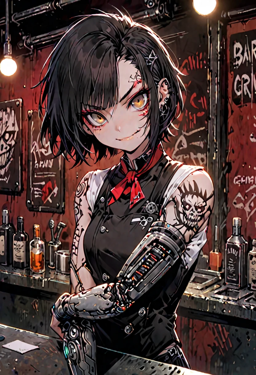 solo, female, sfw, dark, one cybernetic arm, gruff, bartender, low lights, short hair, rough, punk aesthetic, black hair, brown eyes, small smile