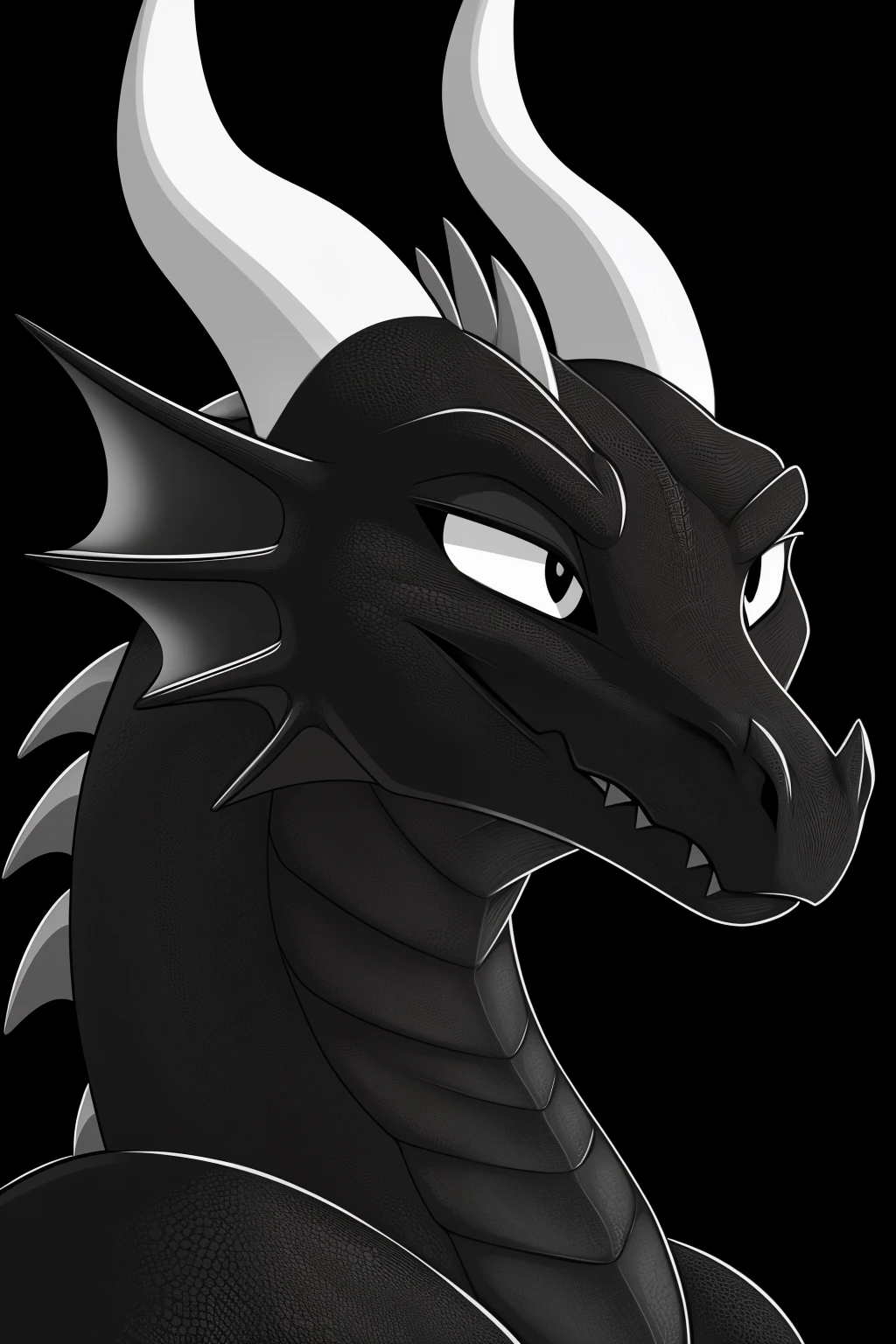Medium close-up shot, line art style (1.3), minimally detailed UI artwork, portraying a profile of a female dragon, set against a stark black background (1.5), utilizing a monochrome palette (1.5) for a two-tone aesthetic (1.5), featuring a two-bit color scheme (1.3) with black as the primary color (1.5). The artwork exhibits flat, vectorized shapes (1.5), with the dragon gazing directly at the camera, showcasing the elegance of her sharply defined, furry style (1.3), complete with menacing black horns (1.5), all while looking intently to