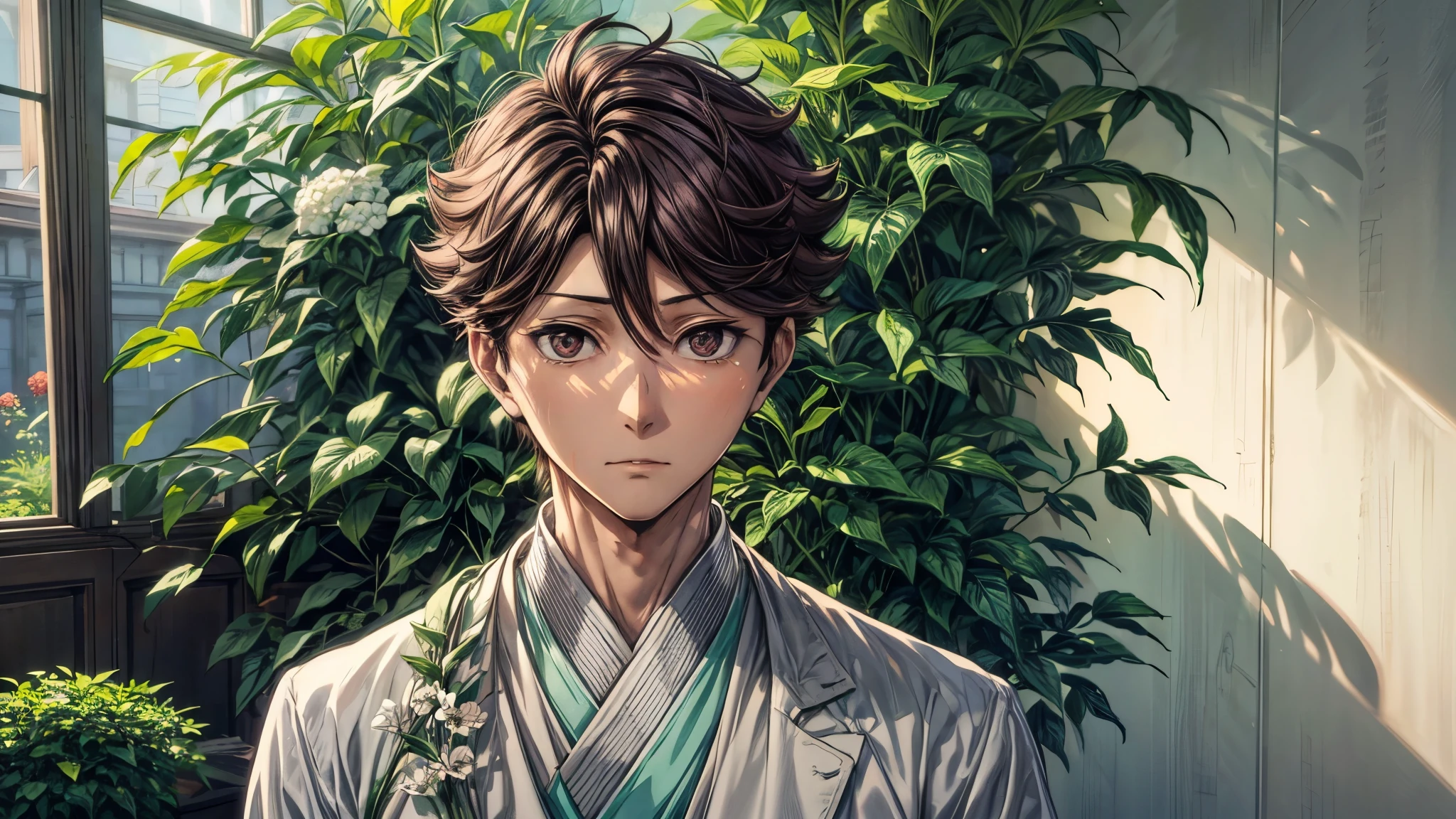 1 man, oikawa tooru, looking in front, facing forward, looking at viewer, perfect face, flowers, plants, cinematic lighting, innocent expression, prince outfit, detailed shading, details
