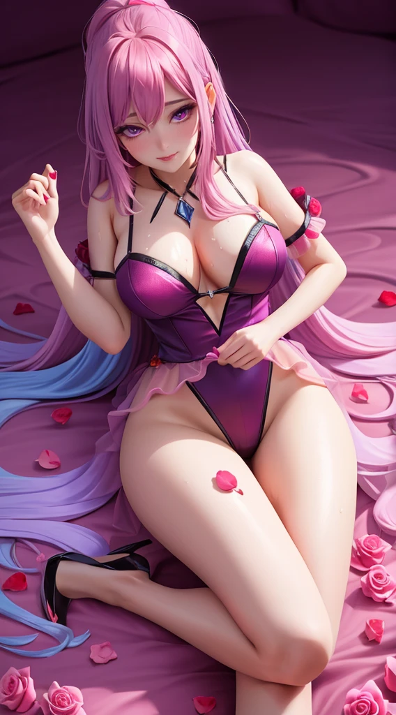 The content is very detailed, Seductive erotic woman sweating, The chest is covered with rose pedals, (plum, Pink/Blue hair), complex eyes,Full body lesbian,,long leges