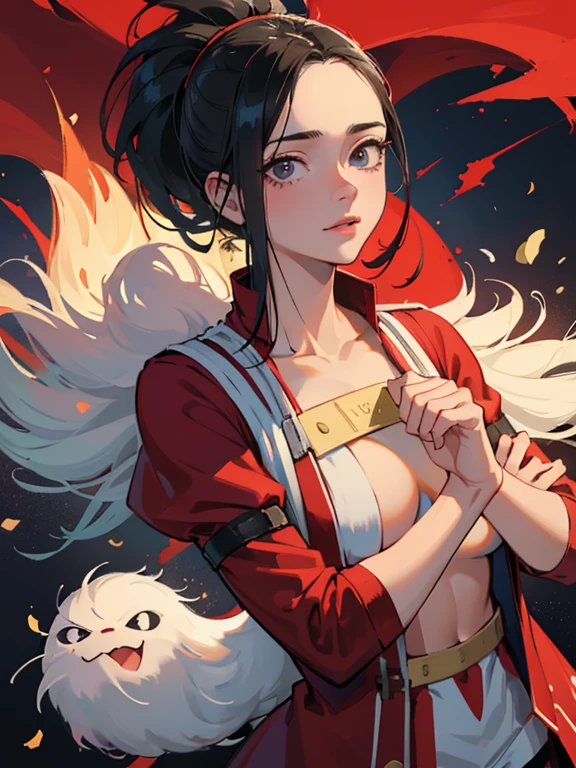 (obra maestra), mejor calidad, ojos expresivos, cara perfecta, tetona, escote, Pechos grandes, Escote, leotardo rojo, brazos desnudos, sonrisa, momo mha, yaoyorozu momo, fondo rojo sencillo, Abdominales delgados,