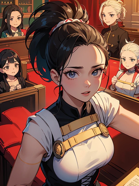 (obra maestra), mejor calidad, ojos expresivos, cara perfecta, tetona, escote, Pechos grandes, Escote, leotardo rojo, brazos desnudos, sonrisa, momo mha, yaoyorozu momo, fondo rojo sencillo, Abdominales delgados,
