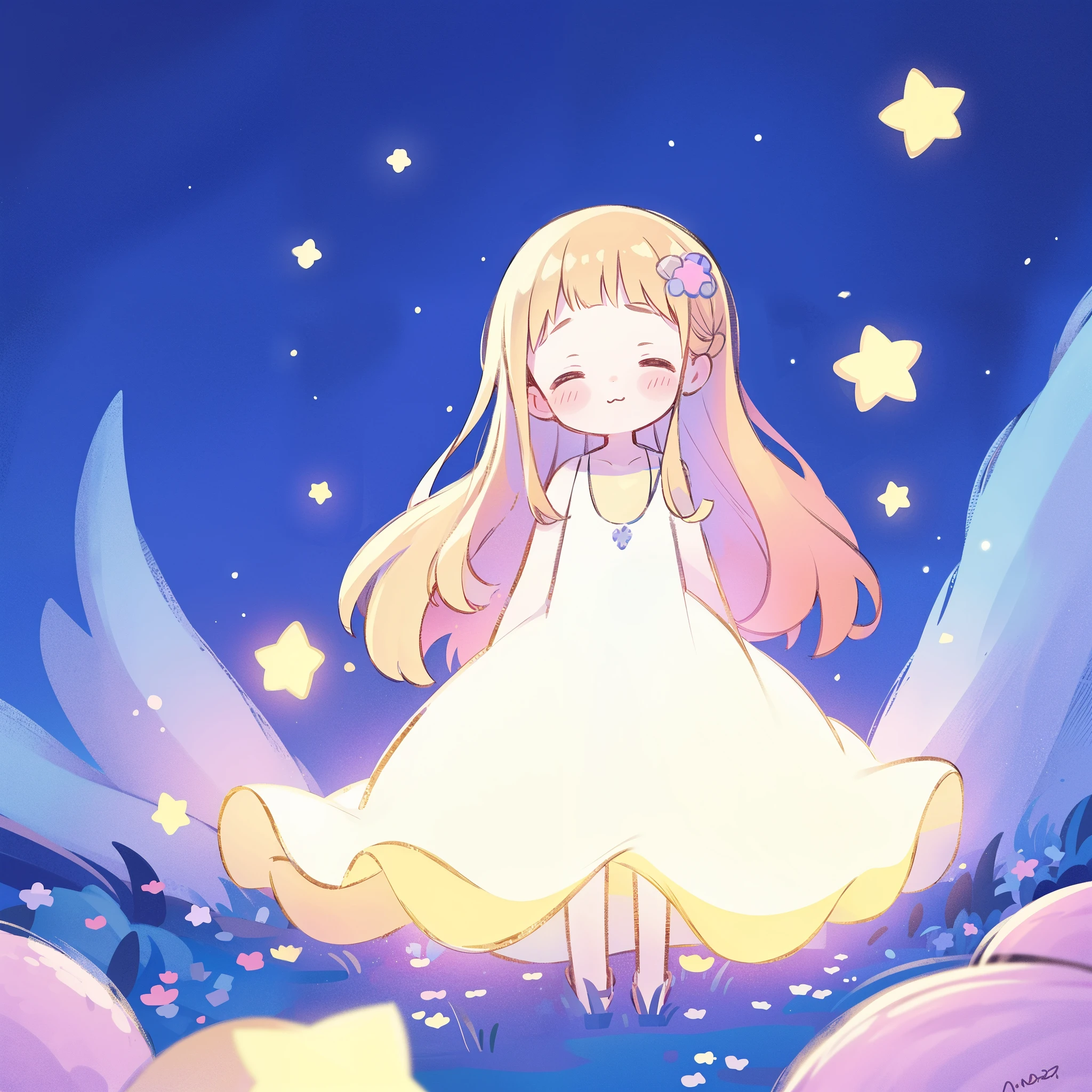 complex background, wishing star garden, a cute girl wearing an ethereal glowing dress that reflects the stars, dreamy, peaceful, serene composition, glowing stars, glowing, magical, cute, complex drawing, highly detailed, ethereal, starry night, midjourney style