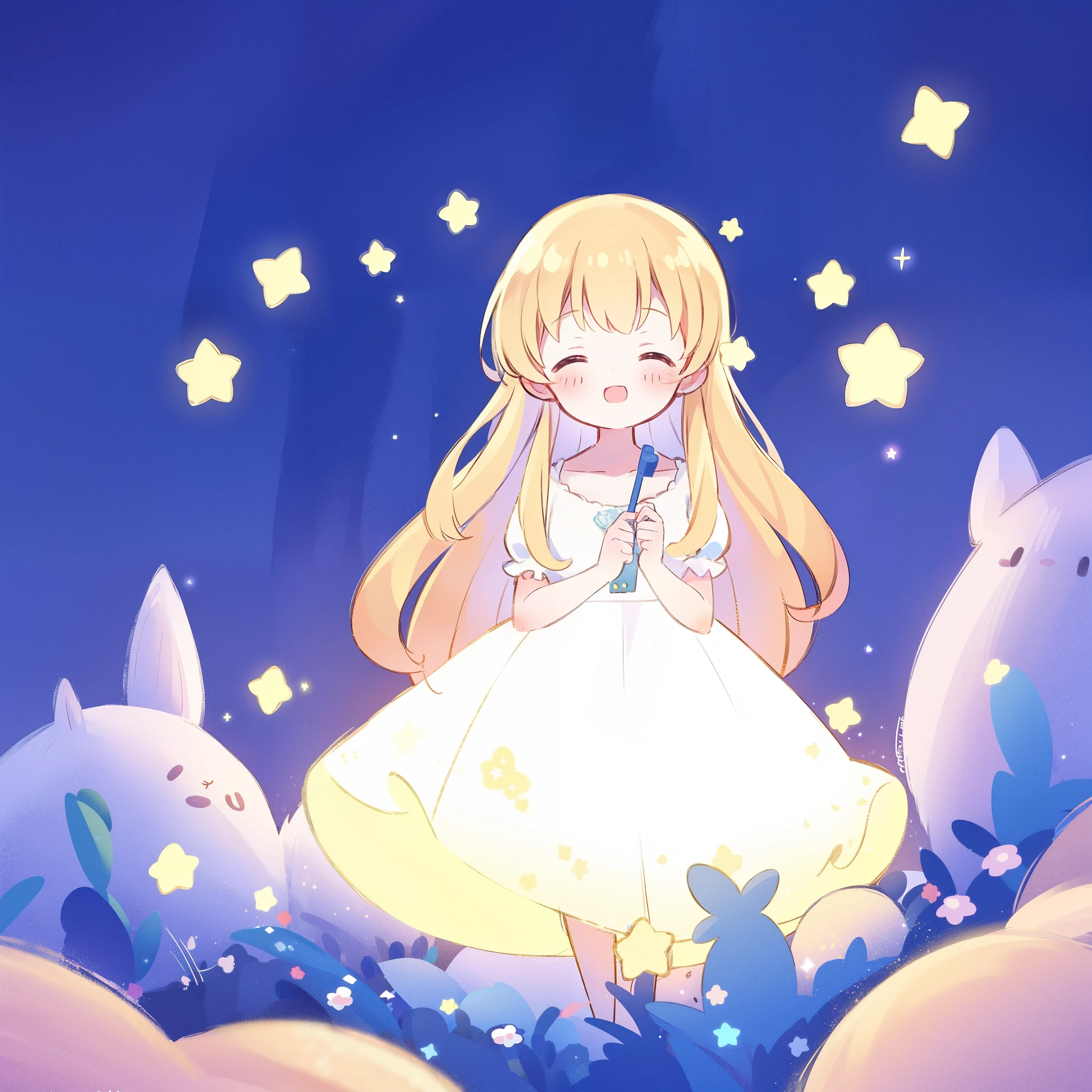 complex background, wishing star garden, a cute girl wearing an ethereal glowing dress that reflects the stars, dreamy, peaceful, serene composition, glowing stars, glowing, magical, cute, complex drawing, highly detailed, ethereal, starry night, midjourney style