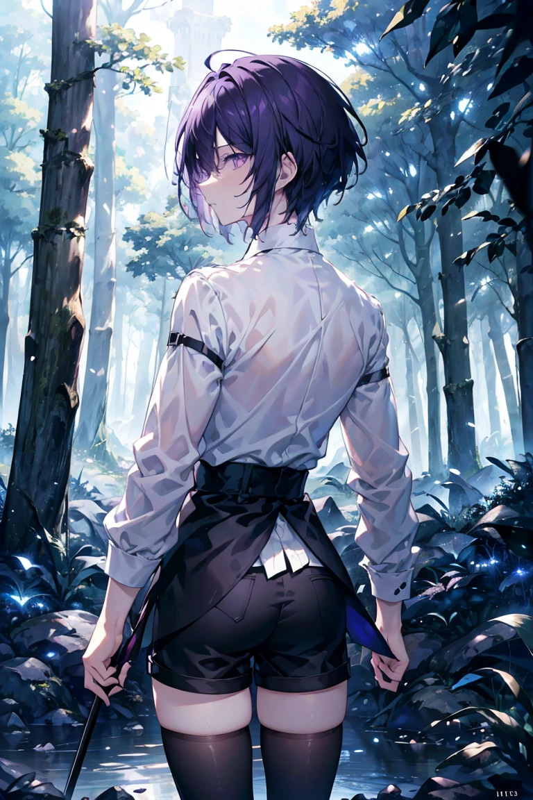 (masterpiece, depth of field, best quality), skinny guy, pale, black gradient eyes, detailed eyes, short purple hair, white shirt, black shorts, thighhighs, standing position, dynamic angle, profile face, scenery, fantasy forest, trees, river, bright lines of light