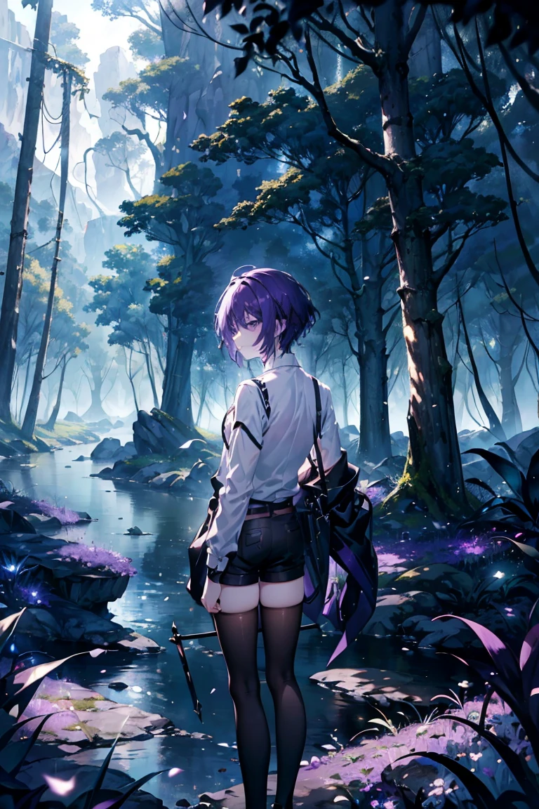 (masterpiece, depth of field, best quality), skinny guy, pale, black gradient eyes, detailed eyes, short purple hair, white shirt, black shorts, thighhighs, standing position, dynamic angle, profile face, scenery, fantasy forest, trees, river, bright lines of light