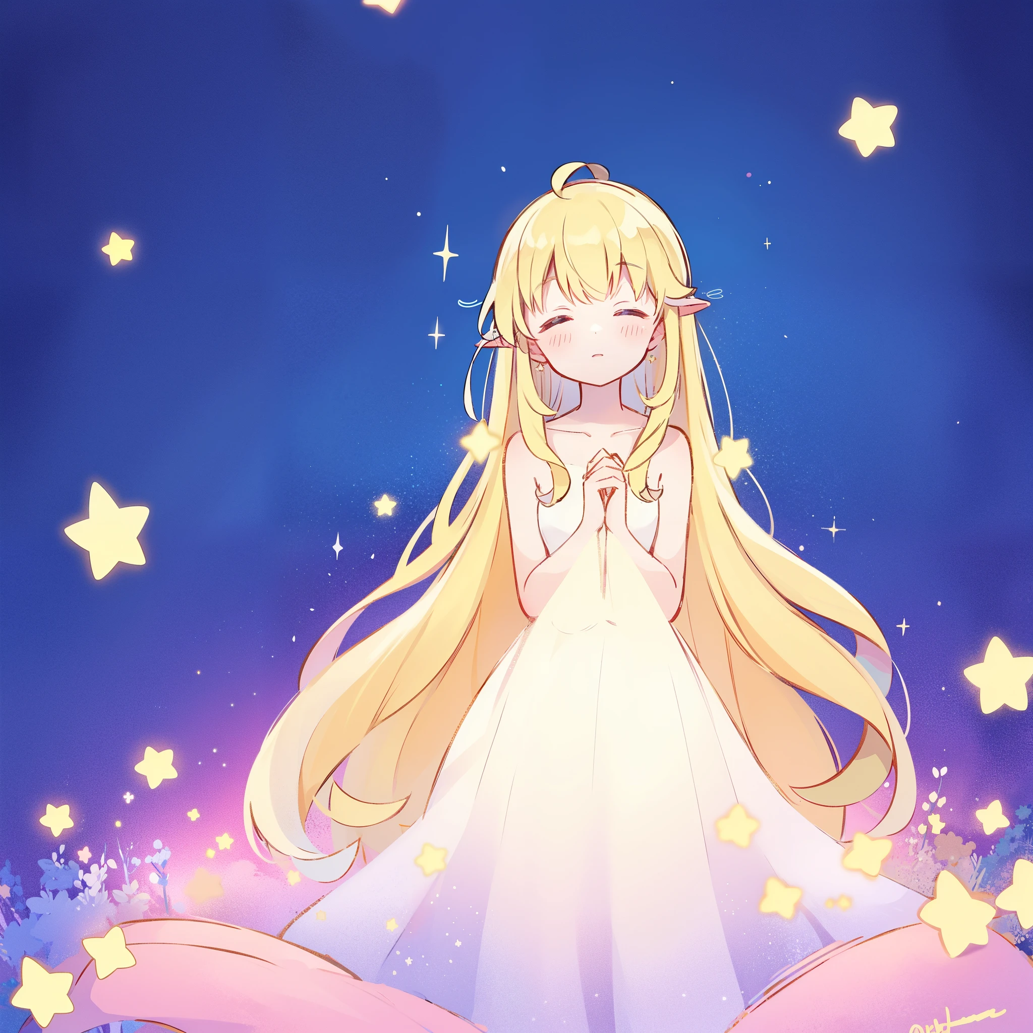 complex background, wishing star background, a woman wearing an ethereal mystical pink translucent dress that reflects the stars, dreamy, peaceful, serene composition, glowing stars, glowing, mystic, complex drawing, highly detailed, ethereal, starry night, midjourney style