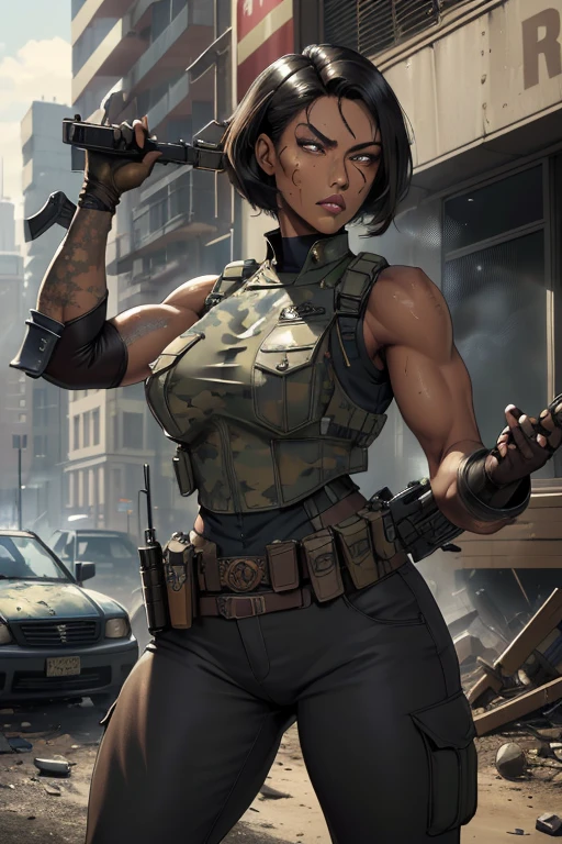 8K, RAW, best quality, masterpiece, ultra high res, colorful, extremely detailed eyes and face, beautiful detailed eyes, 1girl, solo, (26 year old:1.3), (Filipino Woman:1.3), (tanned bronze skin:1.4), (short black hair:1.3), (Amber eyes:1.2), (Detailed face:0.97), (Detailed eyes:1.09), (tanned bronze skin:1.08), (agile physique:1.1), (Wearing: USA marine corps uniform, camouflage military uniform, bullet proof vest, pants, utility belt, armor and gloves), (Character Focus),Perfect Anatomy,(Professional Lighting), Located in the streets of a ruined city. The woman is a soldier. She's holding and firing a rifle. The woman's face is stained with cuts and blood. She's looking into the camera with a fierce and serious gaze. Debris, smoke, shattered glass and ruined cars are in the surroundings. This is a masterpiece that exudes exceptional quality. The illustration is ultra-detailed, Using HDR technology to create a sense of depth. Theme is original, gritty, and astonish artwork, bright colors,Full of modern warfare elements.