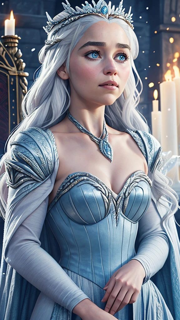 A woman in a silver dress stands in front of a fire, Daenerys, daenerys targaryen, Cinematic shot of the goddess's body, From the thrones, fantasy photoshoot, Cinematic Goddess Shot, Game of Thrones style, CGsociety inspired, Cinematic goddess close-up, queen of winter, ice queen, ice queen, Dragon Queen, inspired by Magali Villeneuve
