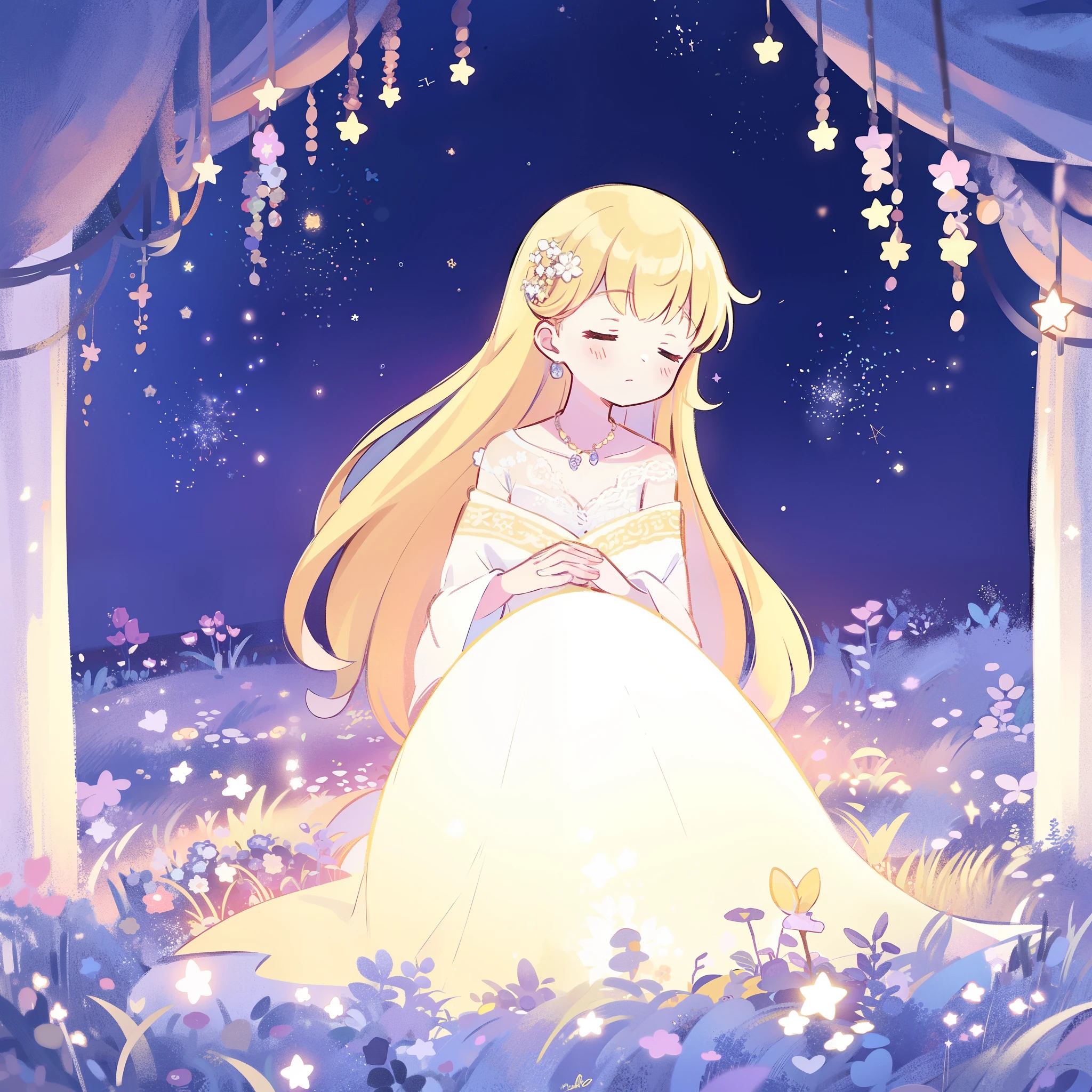 complex background, wishing star garden, a woman wearing an ethereal glowing dress that reflects the stars, dreamy, peaceful, serene composition, glowing stars, glowing, complex drawing, highly detailed, ethereal, starry night, midjourney style