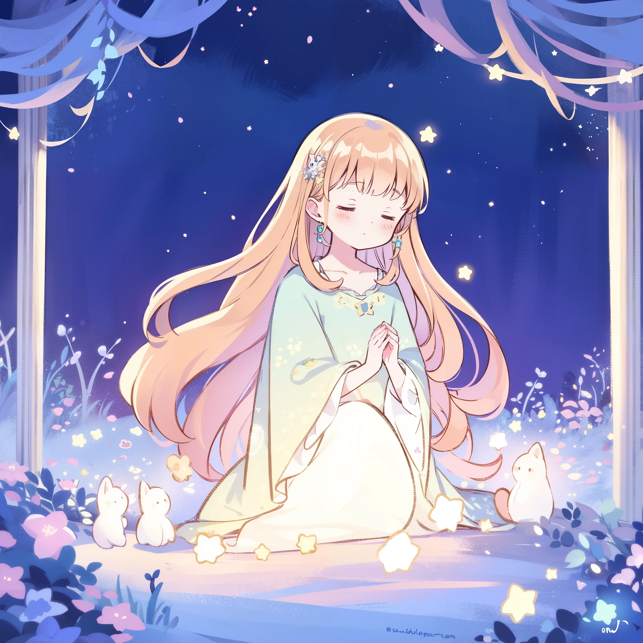complex background, wishing star garden, a woman wearing an ethereal glowing dress that reflects the stars, dreamy, peaceful, serene composition, glowing stars, glowing, complex drawing, highly detailed, ethereal, starry night, midjourney style