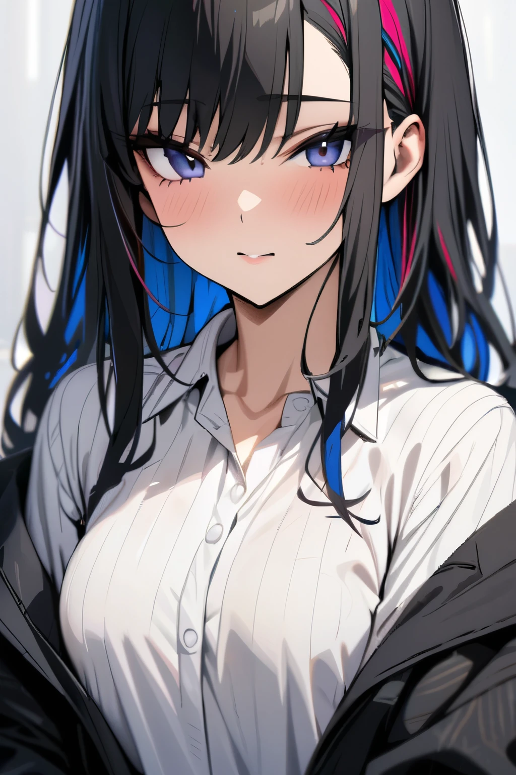 Masterpiece, best quality, beautiful girl, beautiful face, multi-colored hair, adult, calm expression, black suit, white shirt,