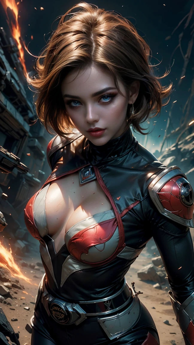 desde arriba, Una imagen Hyperrealista, ((Sexy power ranger, short brown hair, beautiful eyes, pale body, neckline, dynamic view, without helmet, running into the battle with aliens, animal zorg on his back. light energy particles, power ranger sensual suit. zorg at the background, raytraced, viento, paisaje de ciudad futurista, (aesthetics and atmosphere:1.2), poder, ranger, valentia, ojos verdes, medio cuerpo. (foto cruda, mejor calidad), (realista, photo-realista:1.3), Obra maestra, un extremadamente perfecto y hermoso cuerpo, labios sexys rojos, cuerpo palido extremadamente detallado, Best quality score, ultra dynamic view, close up, high view, power rangers atmosphere. brown hair